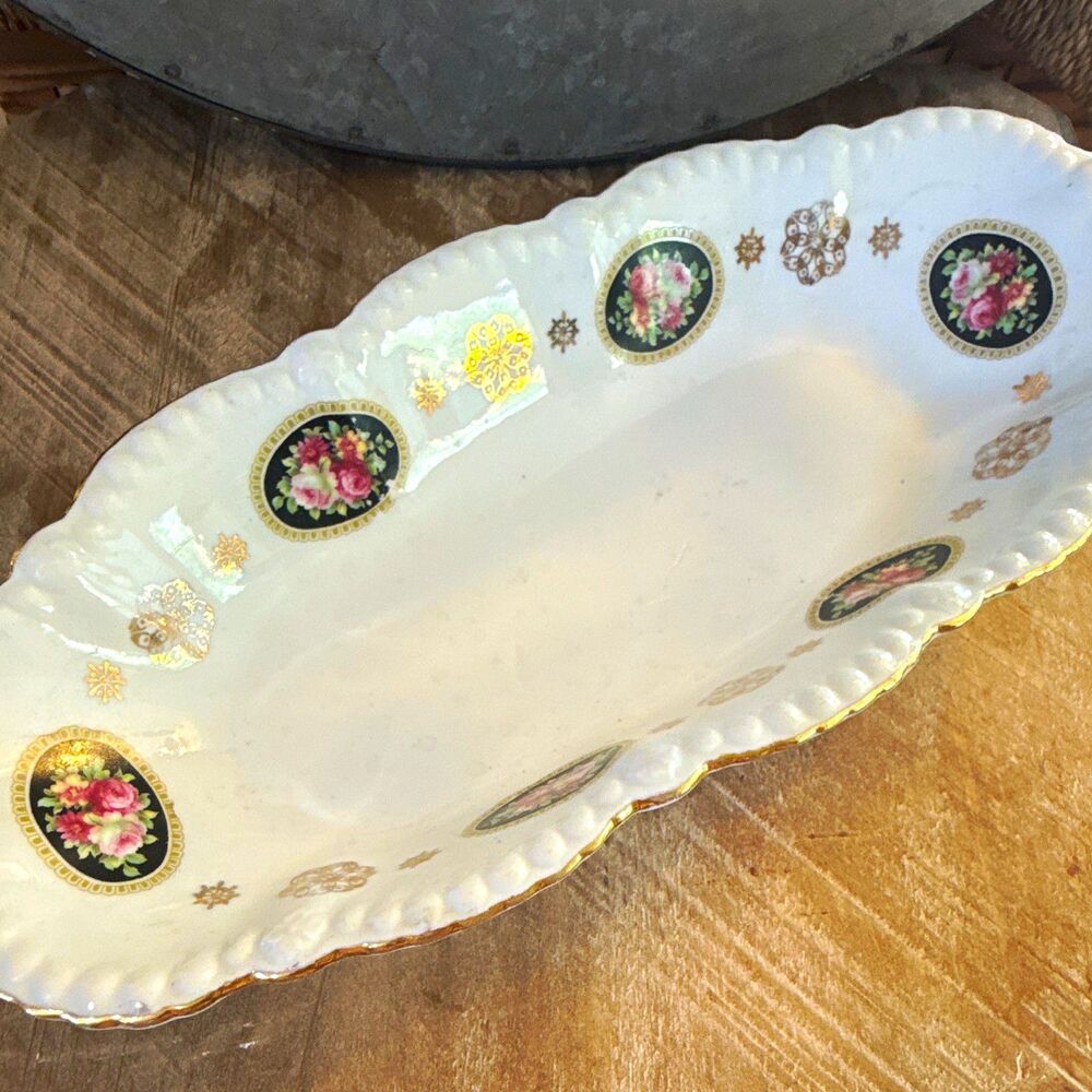 Silesia Oval Porcelain Bowl White Gold Floral Medallion Decorative Glossy